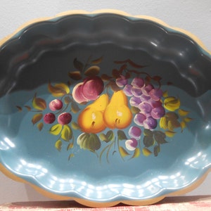 Vintage Hand Paint Tole Tray Fruit Floral Flowers Still Life Painting Heavy Metal Scallop Edge Serving Platter Tray Plate Farmhouse Cottage image 2