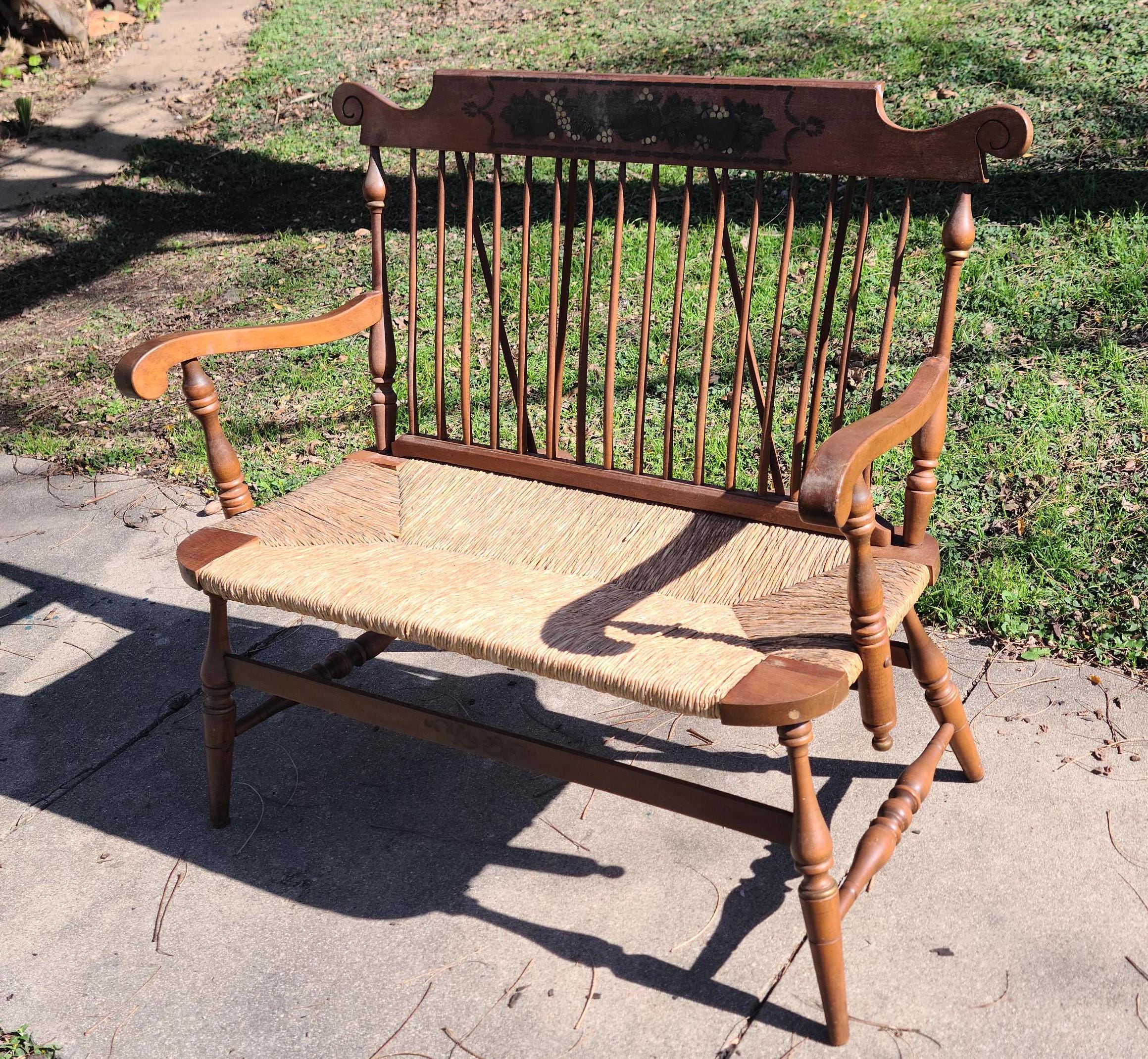 Vintage Hitchcock Maple Spindle Bench Woven Rush Seat Stenciled