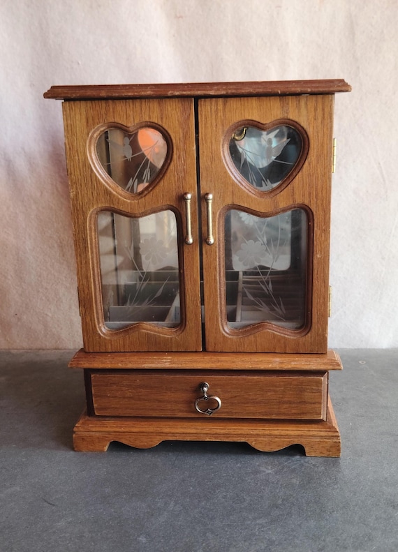 Vintage Oak Wood Etched Glass Armoire Jewelry Box