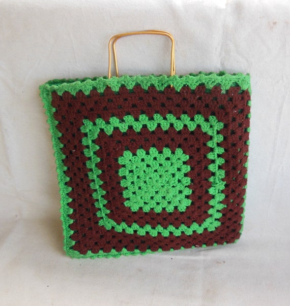 Vintage Handmade Granny Square Boho Tote Bag Line… - image 1