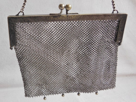 Vintage Mesh Purse German Silver Dated 1909 Engraved Design 
