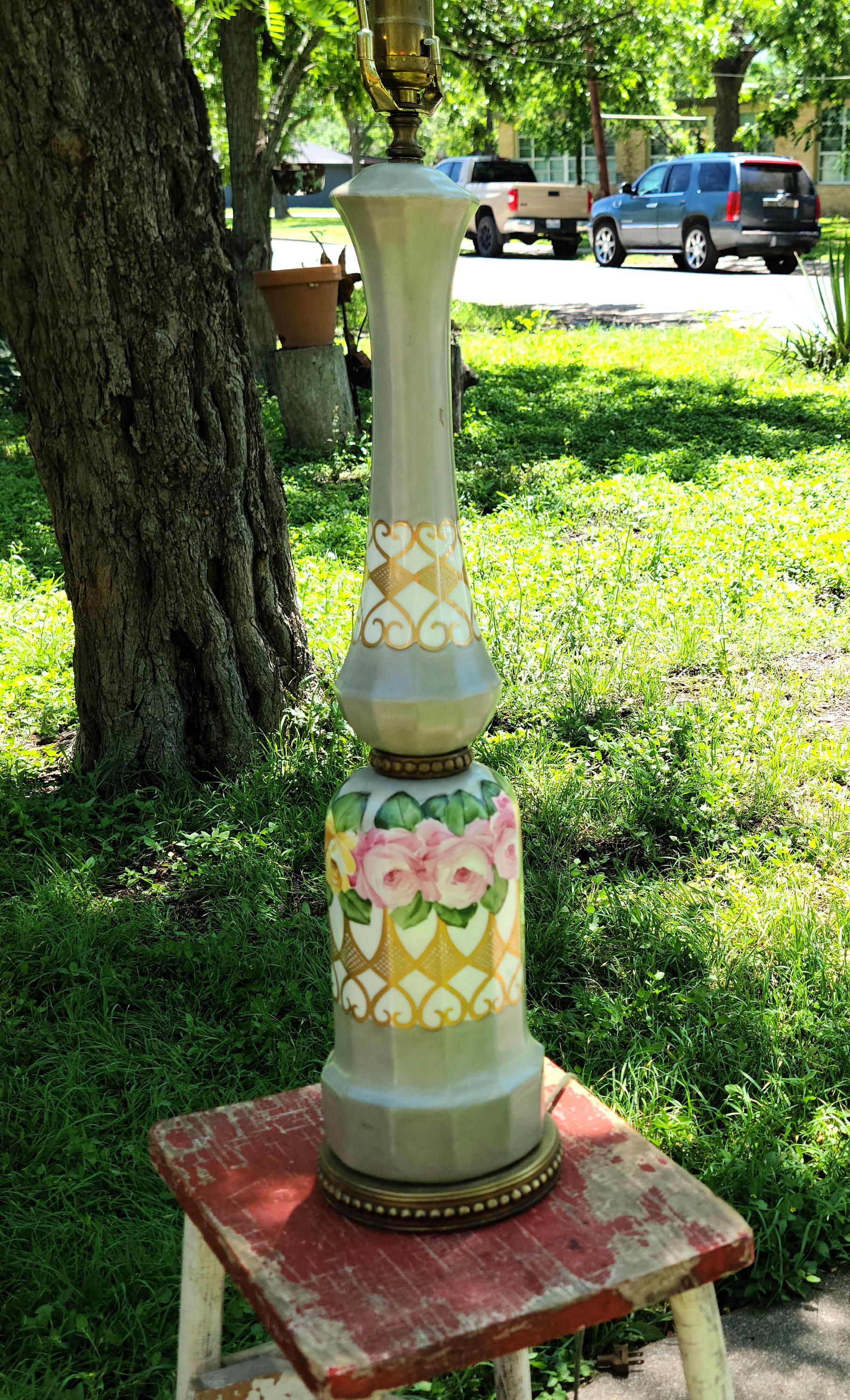 Vintage Tall 35 in Table Lamp Handpainted Floral Pattern