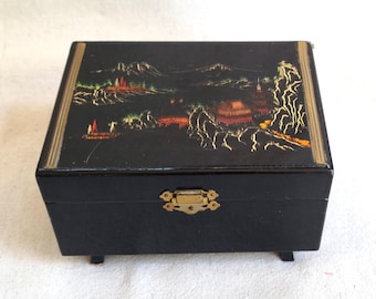 Vintage Black Lacquered Music Jewelry Box No Music Box Key Works