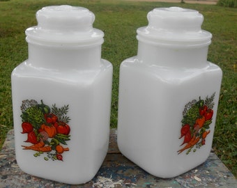 Vintage Milk Glass Canisters with Veggie Decals - 1970s Kitchen Decor