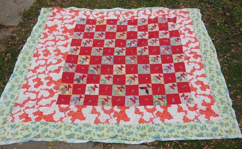 Antique 1930s Feed Sack Quilt 1970s Fabric Border image 5