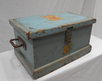 Antique Wood Toy Chest Storage Milk Paint Blue Teddy Bear Decal Sturdy Iron Hardware Shabby Chippy Paint Kids Room Farmhouse Cottage