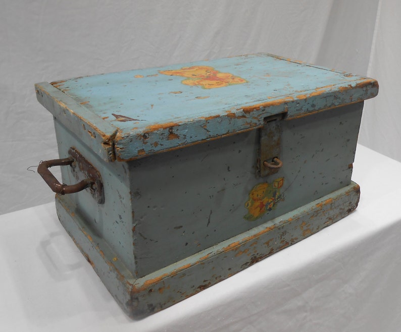 Antique Wood Toy Chest Storage Milk Paint Blue Teddy Bear Etsy