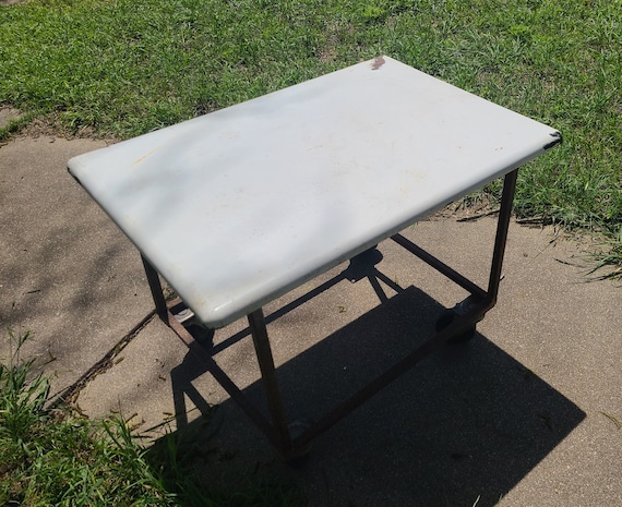 Vintage Industrial Metal Rolling Frame Enamel Top Outdoor