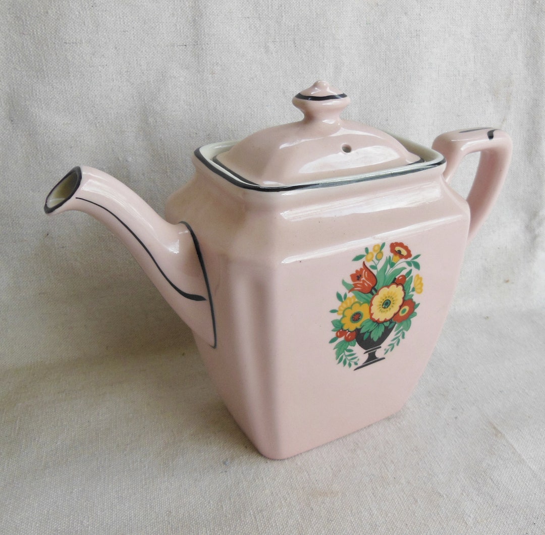 Vintage Rare Hall Teapot Pink Black Decal Art Deco Design 1930s Teapot Coffee Pot Drinkware
