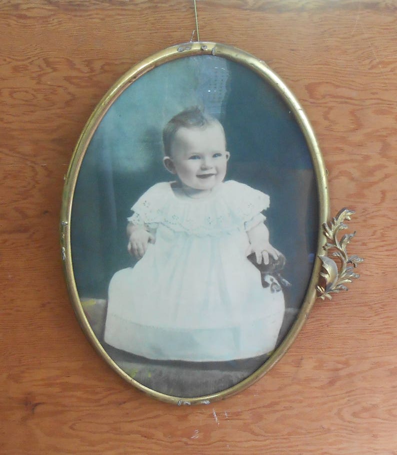 Antique Tinted Baby Photo Metal Decorative Oval Ornate Brass Frame Hand Tinted Colored White Dress Smiling Nursery Picture Wall Hanging image 2