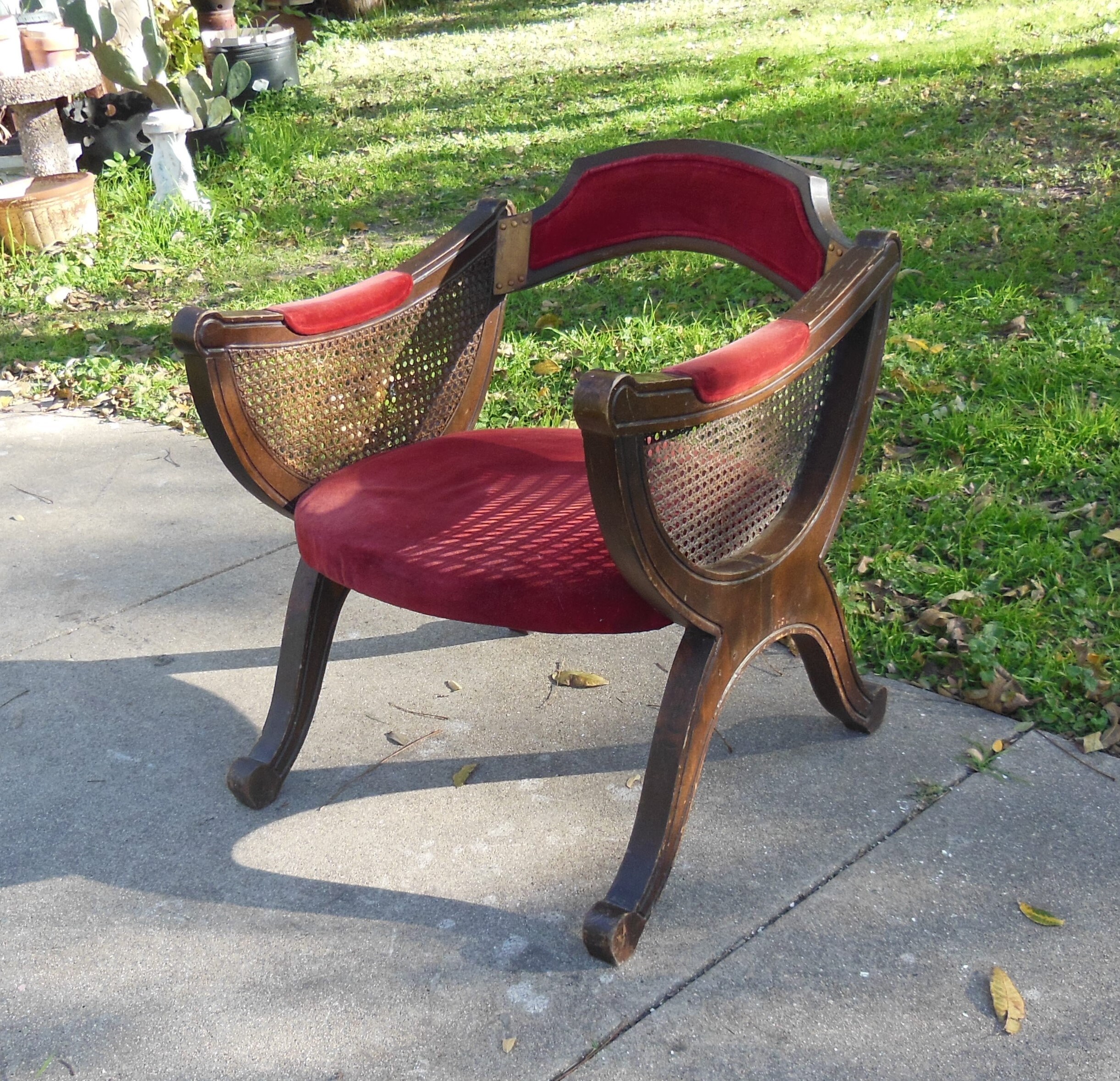 Vintage 1960s Asian Statement Chair Red Velvet Gold Brass