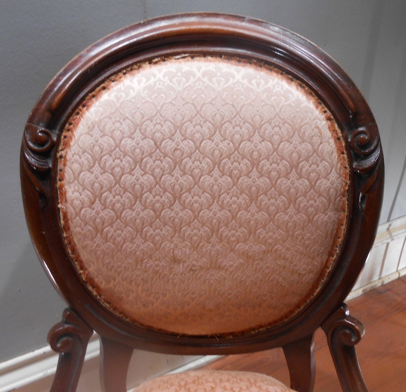 Antique Victorian 19th Century Parlor Chair Ladies Seating Mahogany Wood Boudoir Upholstered Round Back Decorative Accent Entryway Desk image 9