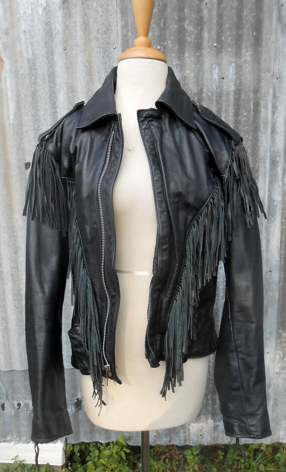 Black Leather Biker Jacket with Fringe - image 3