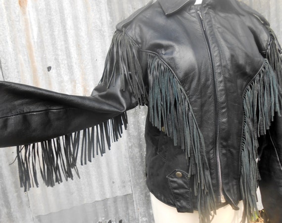 Black Leather Biker Jacket with Fringe - image 1