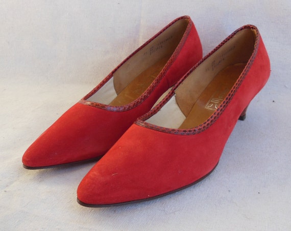 Vintage Marilyn Pumps Red Suede Snakeskin Kitten … - image 3