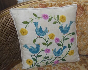 Vintage Crewel Embroidery Pillow Handmade Hand Stitched Embroidery Blue Bird Bluebird Floral Flowers Done on Linen Boho Farmhouse Cottage