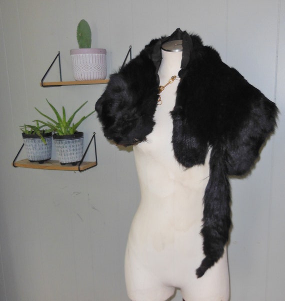 Vintage Black Fox Cape Shawl Fox Head and Tail Fu… - image 1