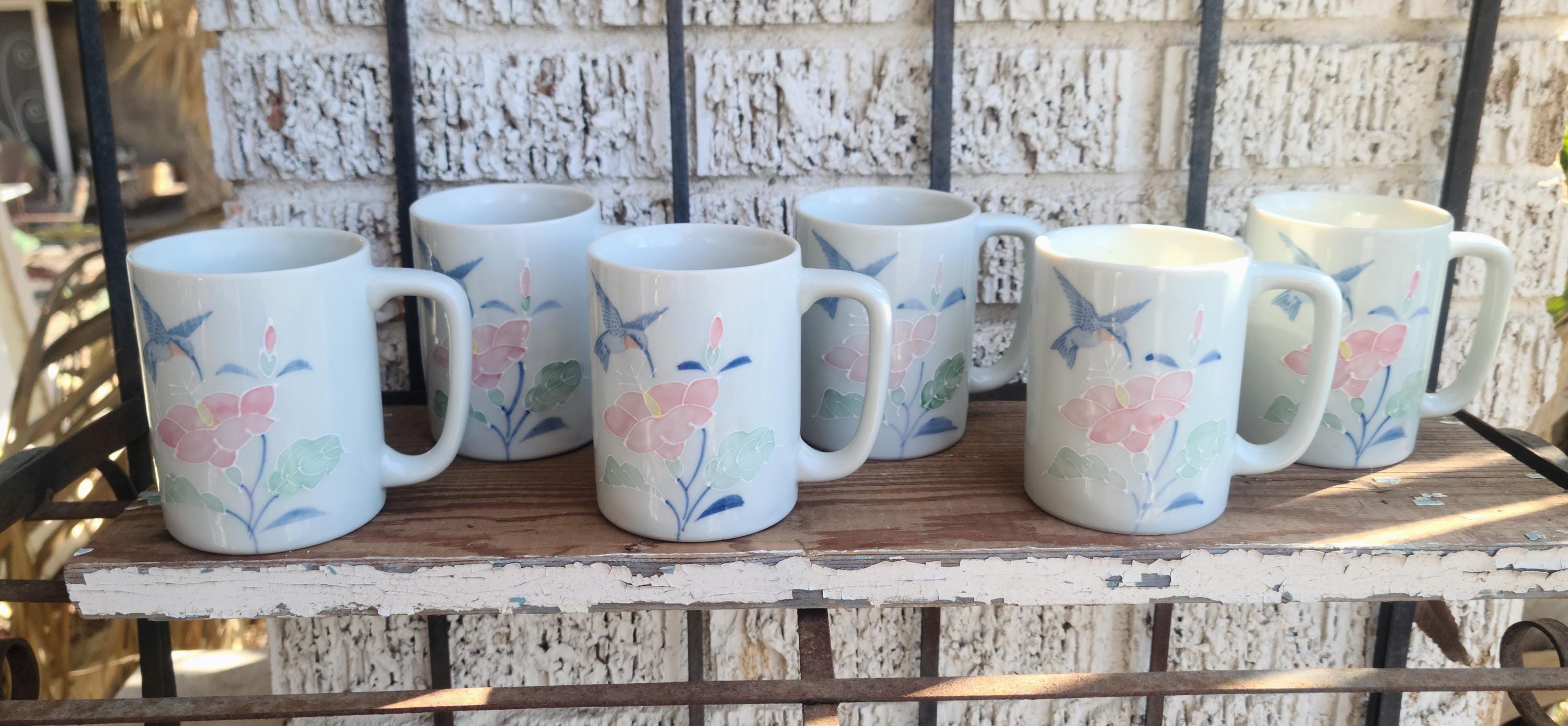 Vintage Otagiri Japan Set of 6 Coffee Cups Mug Set Hummingbird Flower Raised Design Hand Painted Pattern Pastel Blue Pink Green Pottery