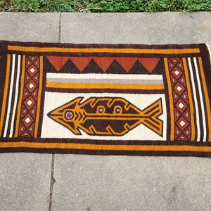 Handmade Wool Woven Rug Tribal Ethnic Tapestry Zapotec Fish 25 x 49 in