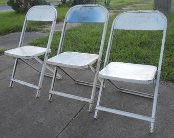 Vintage Metal Childs Folding Chairs Set of Three Fold Up Flat Indoor Outdoor Kids Room Decor Garden Party Kids Tea Party Farmhouse Cottage