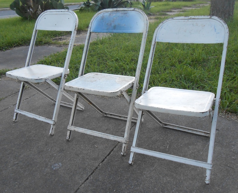 Vintage Metal Childs Folding Chairs Set Of Three Fold Up Flat