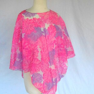 1970s Sheer Blouse Poncho Tunic Pink Purple Flowers Flowing Design image 2