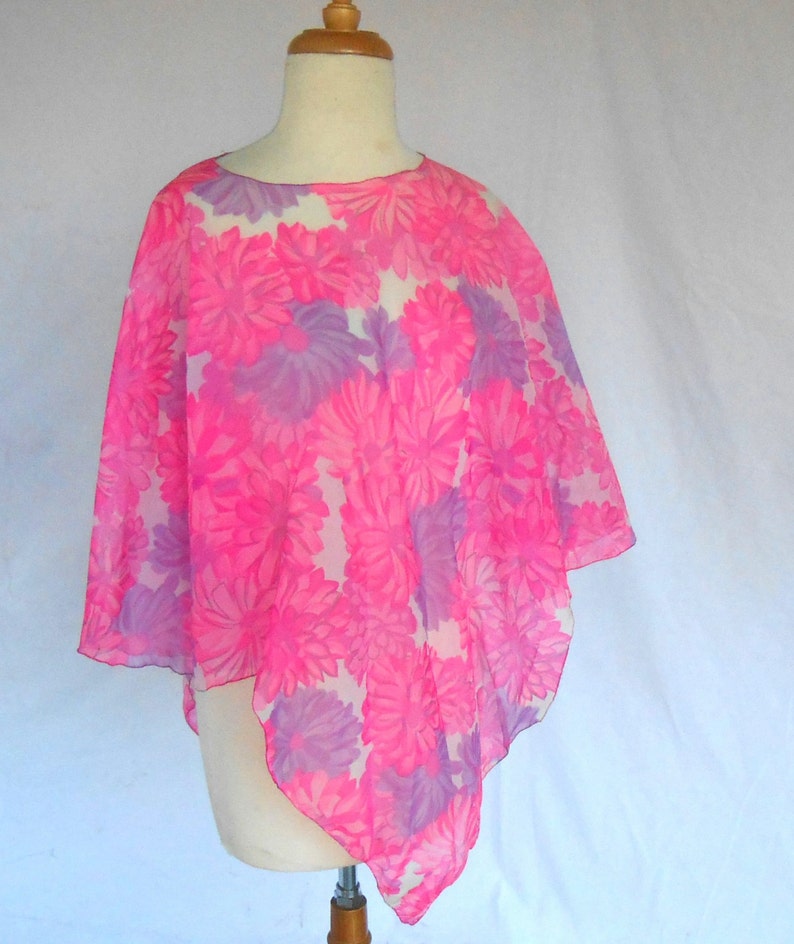 1970s Sheer Blouse Poncho Tunic Pink Purple Flowers Flowing Design image 2