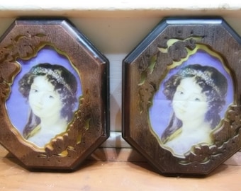 Vintage Plaques Portrait Young Woman Wall Hangings Pair of Plastic Faux Wood Brass Wall Decor Pictures Japan UOGC Hong Kong Cottage Boho