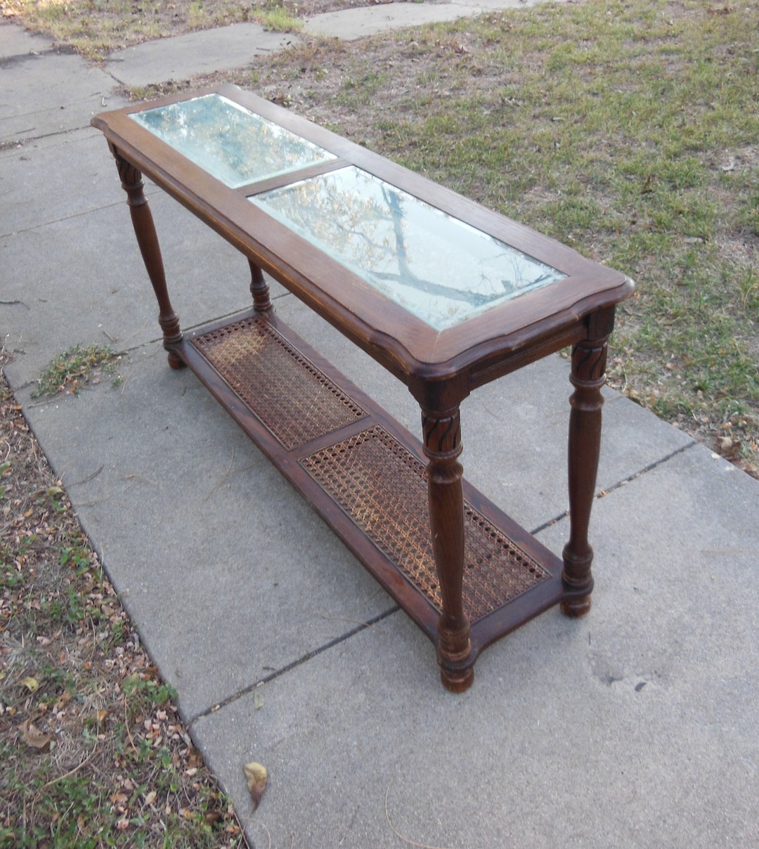 Vintage Wood Glass Cane Console Table Sofa Couch Hallway Entryway Entry