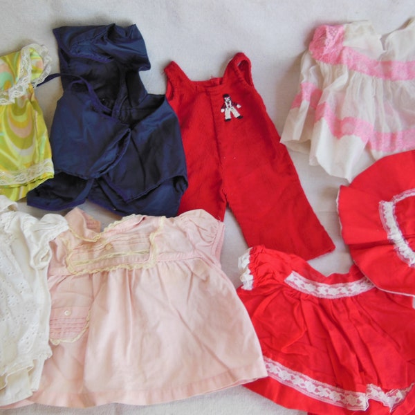 Vintage Doll Clothes 10 Pieces Medium Size Doll Clothing 1960s 1970s Handmade Doll Dress Hat Set Fashion Dress Overalls Windbreaker Bonnet