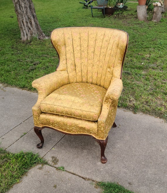 Vintage 1940 Wingback Channel Back Arm Chair Queen Anne Mahogany Upholstered Gold Asian Fabric Etsy