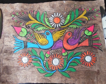 Vintage Amate Bark Painting Colorful Mexican Folk Art Traditional Native Ethnic Tribal Design Hand Painted Mexico Southwestern Wall Hanging