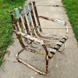 Vintage Cantilever Metal Industrial Lawn Chair Layers of Chippy Paint Yard Art Garden Porch Patio Decor image 9