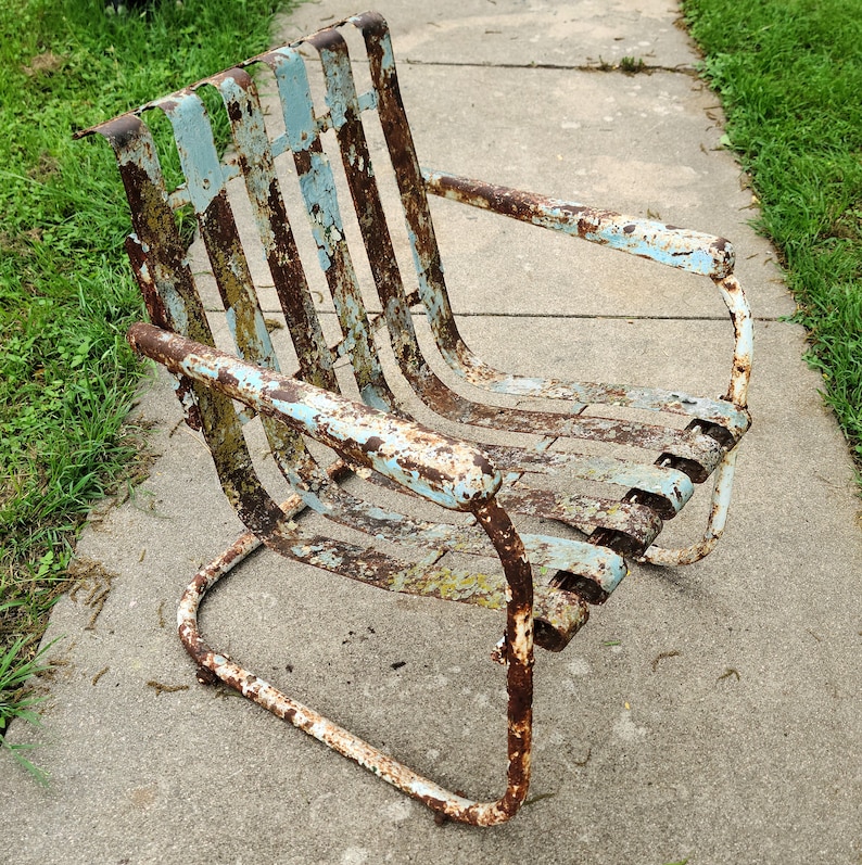 Vintage Cantilever Metal Industrial Lawn Chair Layers of Chippy Paint Yard Art Garden Porch Patio Decor image 9