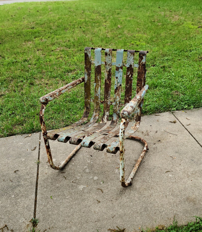 Vintage Cantilever Metal Industrial Lawn Chair Layers of Chippy Paint Yard Art Garden Porch Patio Decor image 7