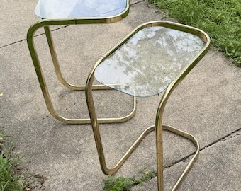 Vintage Milo Baughman Style Brass Cantilever Side Tables 2 Available