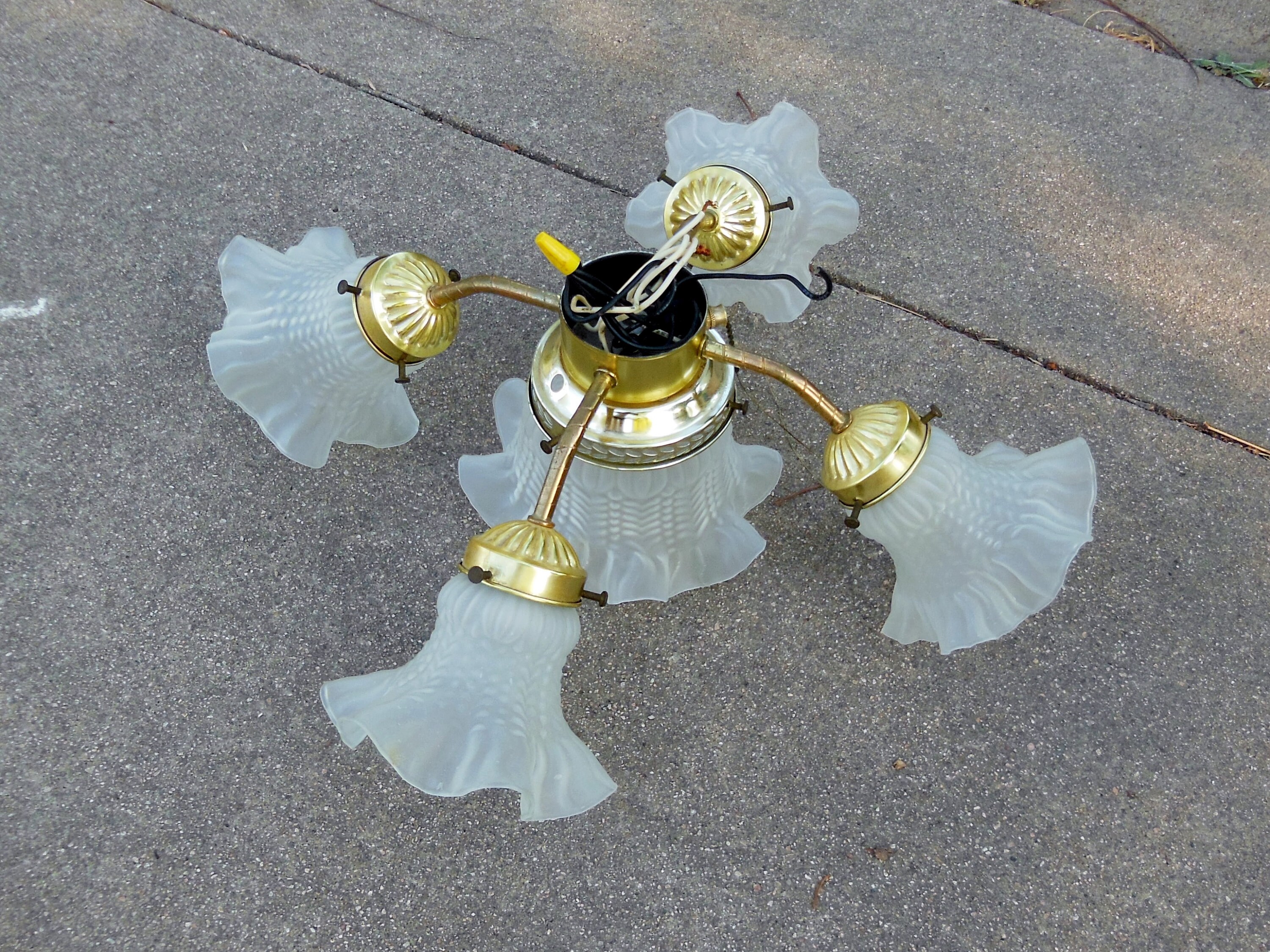 Vintage 1980s Ceiling Light Fixture Brass Ruffled Frosted
