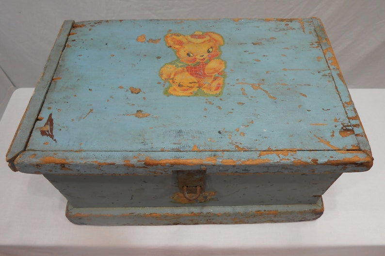 Antique Wood Toy Chest Storage Milk Paint Blue Teddy Bear Etsy