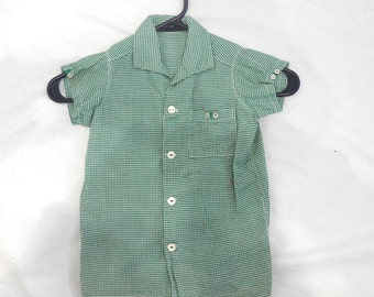 Vintage Child Gingham in Green White Oxford Button up Shirt 1940 Children Clothing Cotton Unisex Shirt Green White Check Kids Gender Neutral