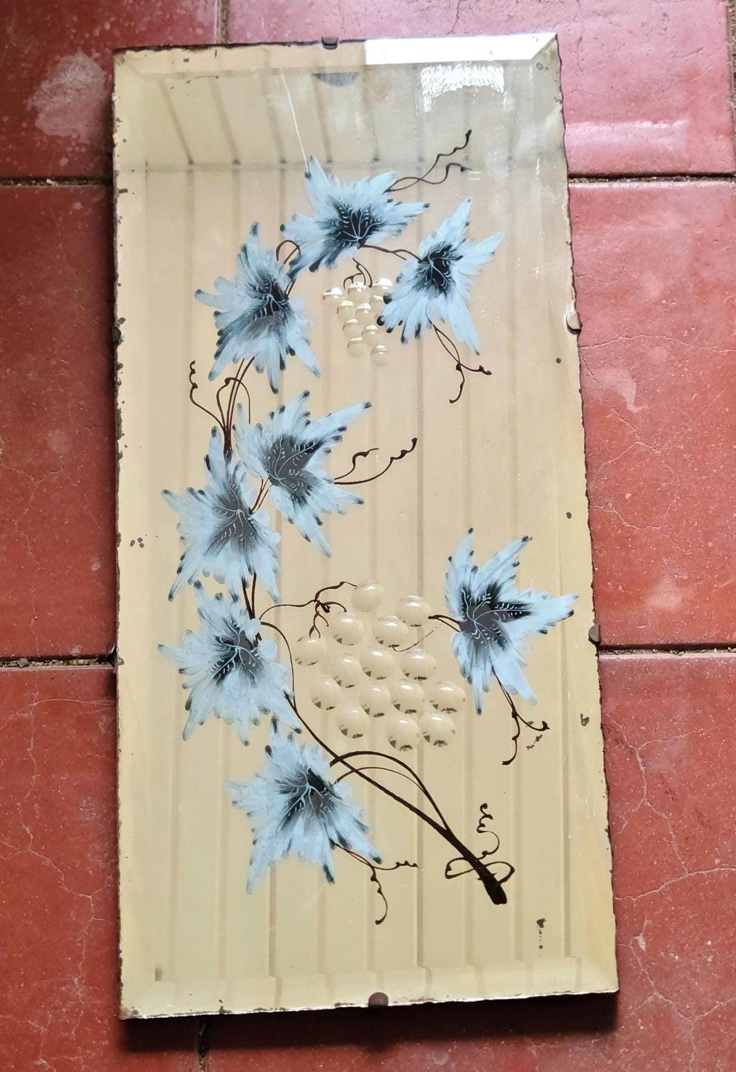 Victorian Antique Reverse Painted Mirror Blue Flower Textured