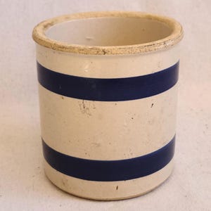 Vintage RRP Robinson Ransbottom Co Roseville Ohio Pottery Crock Jar Utensil Holder Blue Ringware Blue Stoneware Dish