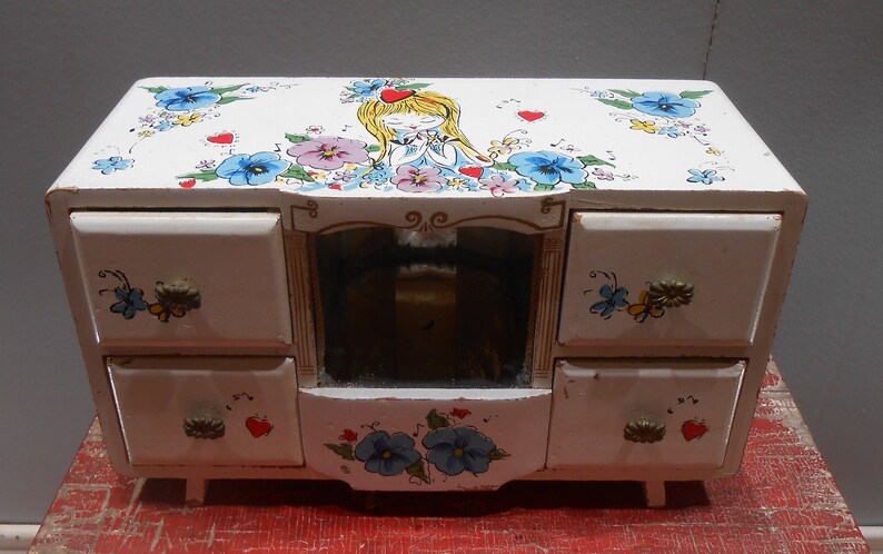 Vintage Hand Painted Jewelry Box 1960s Big Eye Girl Teen Tween Jewel Storage Teenager Bedroom Vanity Decor Wood Wooden Chest Floral Flowers image 4