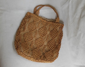 Vintage Macrame Woven Straw Raffia Purse Wicker Handbag 1980s Summer Lined Bag Small Tote Shopping Bag Beach Tropical Cruise Boho Hand Bag