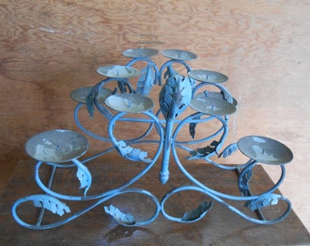Vintage Wrought Iron Candle Holder Chippy Blue Paint Indoor Outdoor Country Cottage Farmhouse Shabby Chic Porch Patio Garden Light Leaf