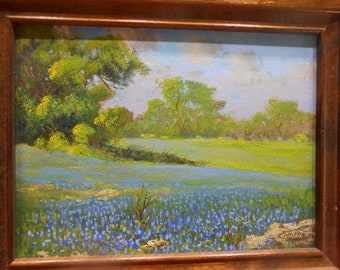 Original Texas Oil Painting Spring Landscape Bluebonnets Signed by Carl Hoppe Central Texas Hill Country Famous Deceased Artist Framed Art