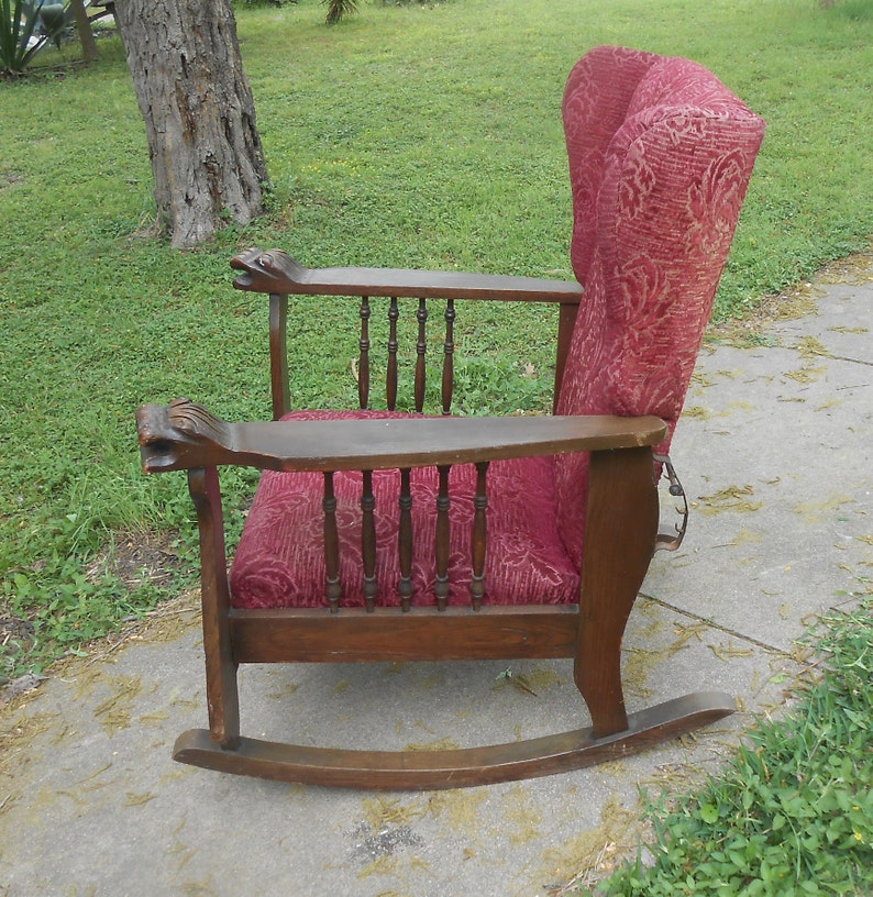 Antique Morris Chair Rocker Reclining Carved Lion Head Arms Etsy