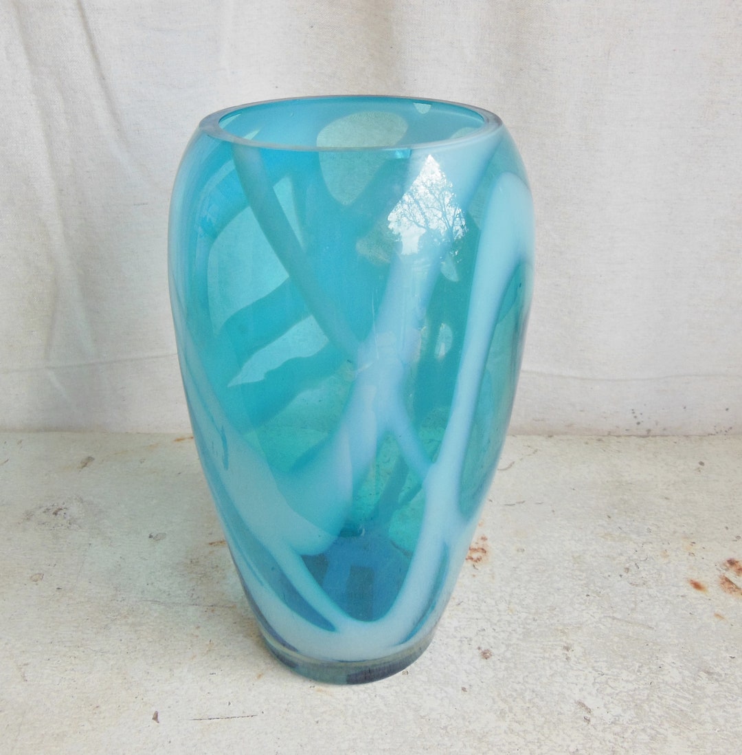 Vintage Large Blue Art Glass Vase Large Heavy Swirl Pattern Etsy