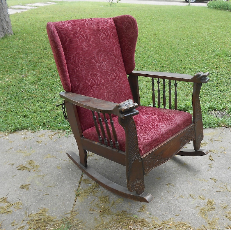 Antique Morris Chair Rocker Reclining Carved Lion Head Arms Image 0