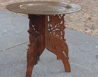 Vintage Carved Wood Moroccan Style Table with Brass Top