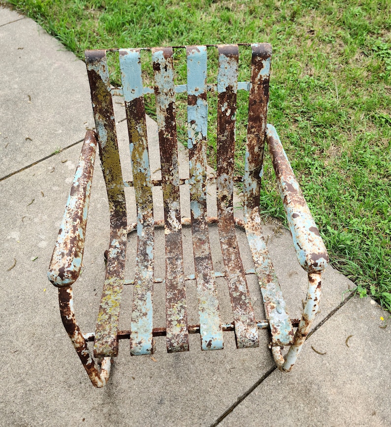 Vintage Cantilever Metal Industrial Lawn Chair Layers of Chippy Paint Yard Art Garden Porch Patio Decor image 2